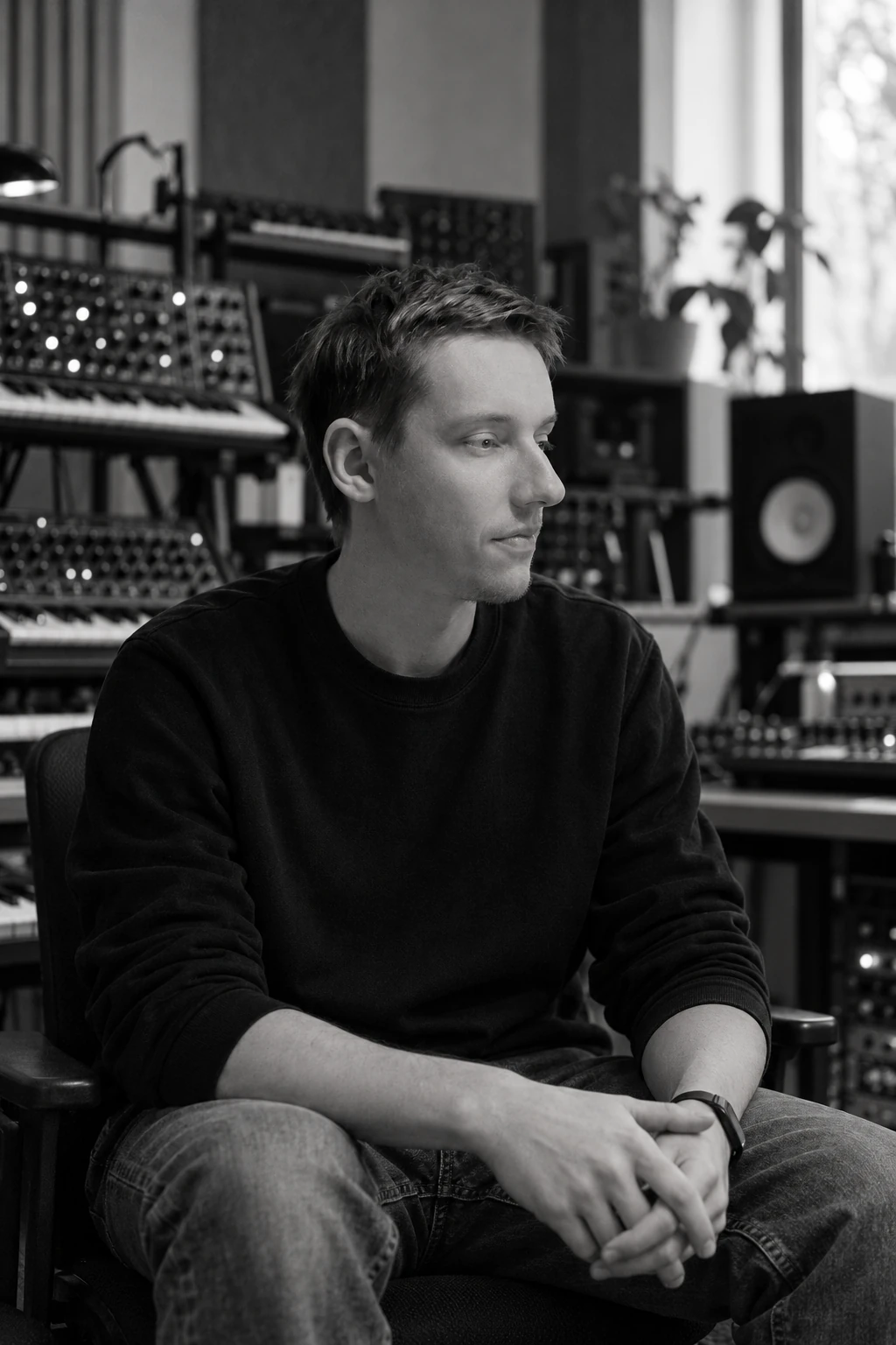 Black and white portrait of Martynas Kazlauskas seated in a sound studio