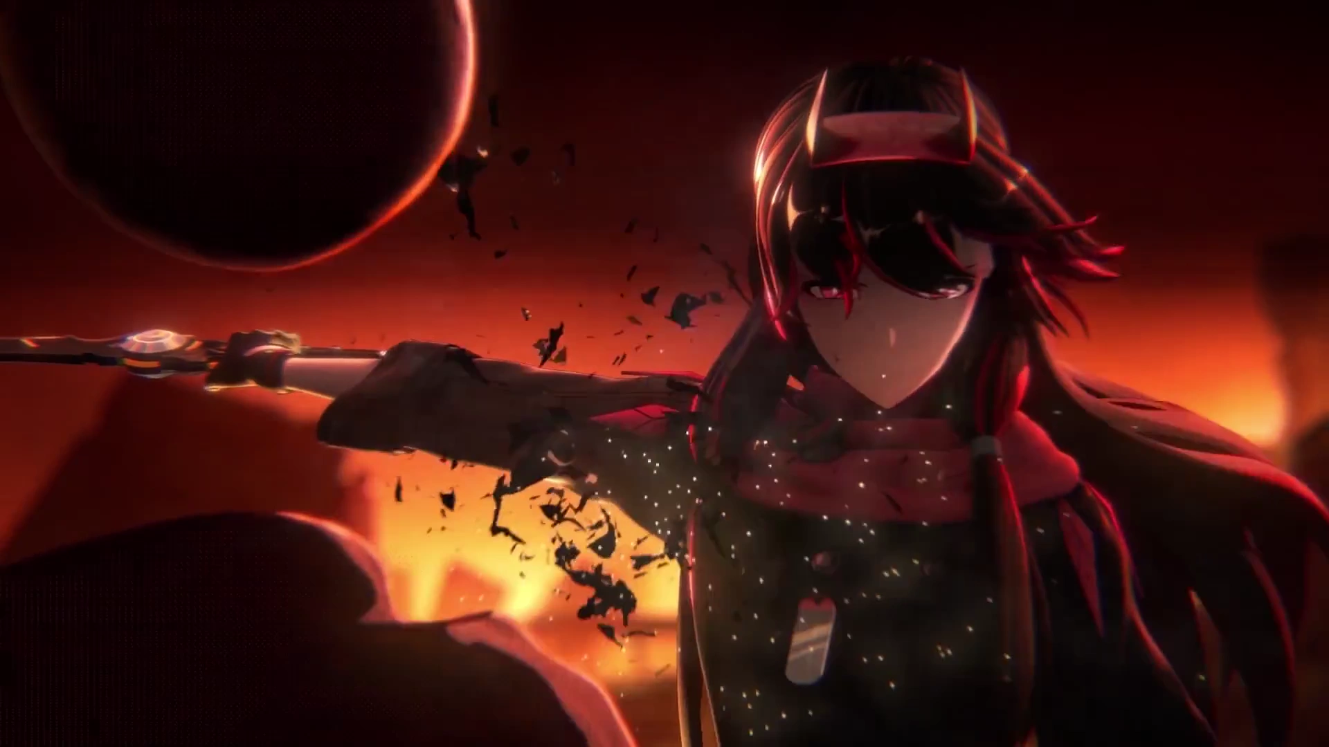 A character beneath a red eclipse in the Punishing Gray Raven cinematic